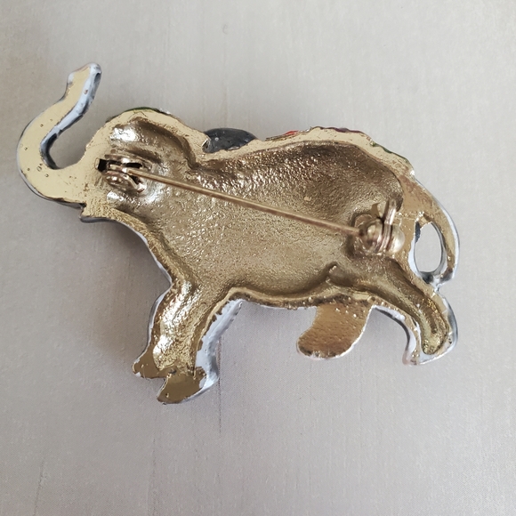 VTG Enamel Elephant Brooch w/ Tusk Trunk Up Embellished & Detailed Silver Tone - Picture 5 of 5